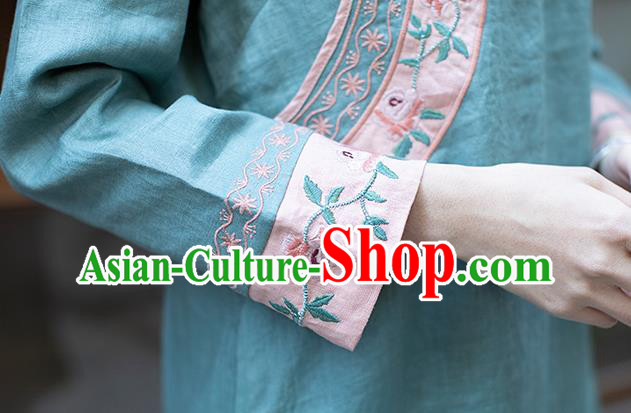 China Classical Embroidered Green Cheongsam Zen Flax Costume Traditional Young Lady Qipao Dress