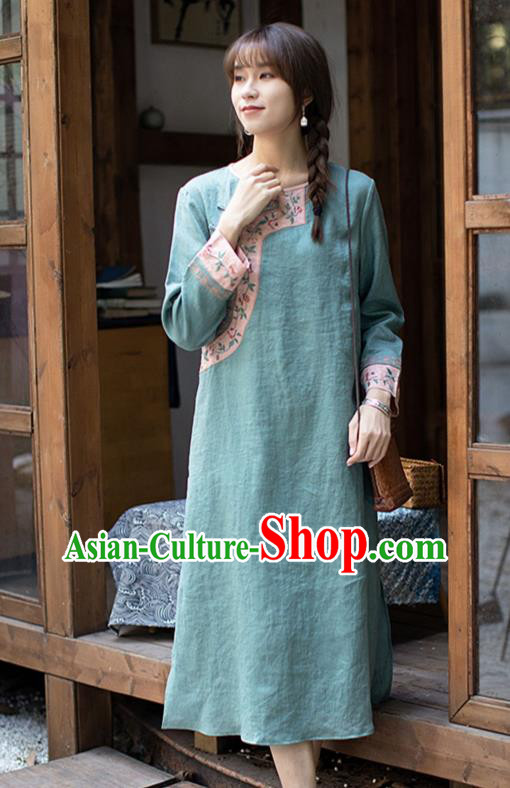 China Classical Embroidered Green Cheongsam Zen Flax Costume Traditional Young Lady Qipao Dress
