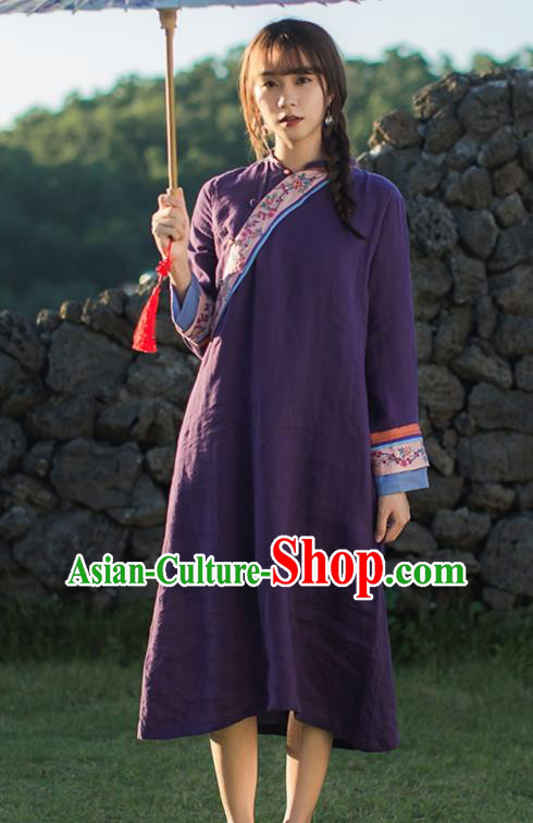 China Classical Embroidered Purple Cheongsam Traditional Young Lady Slant Opening Qipao Dress