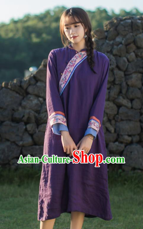 China Classical Embroidered Purple Cheongsam Traditional Young Lady Slant Opening Qipao Dress