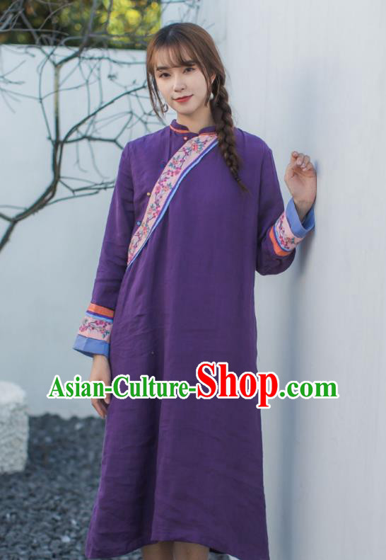 China Classical Embroidered Purple Cheongsam Traditional Young Lady Slant Opening Qipao Dress