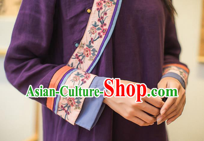 China Classical Embroidered Purple Cheongsam Traditional Young Lady Slant Opening Qipao Dress