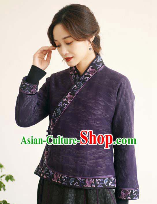 China Classical Embroidered Slant Opening Jacket National Purple Silk Short Coat