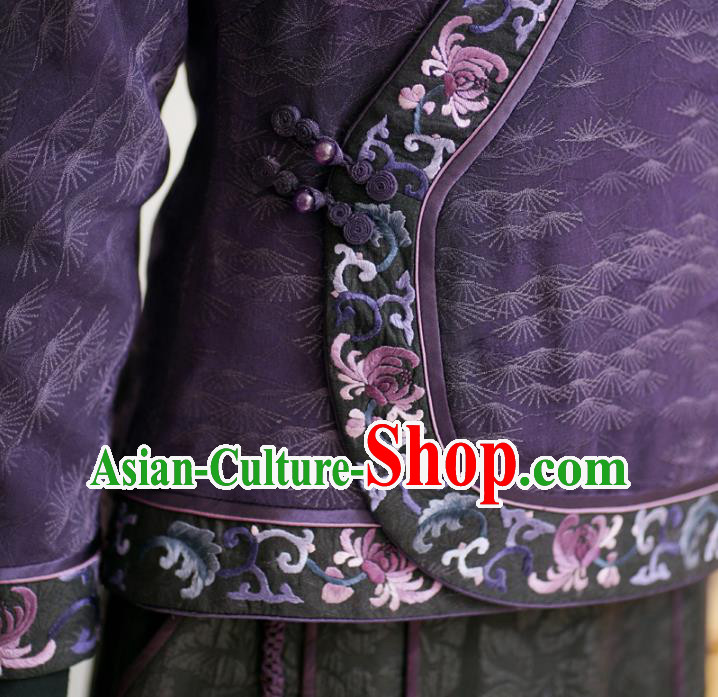 China Classical Embroidered Slant Opening Jacket National Purple Silk Short Coat