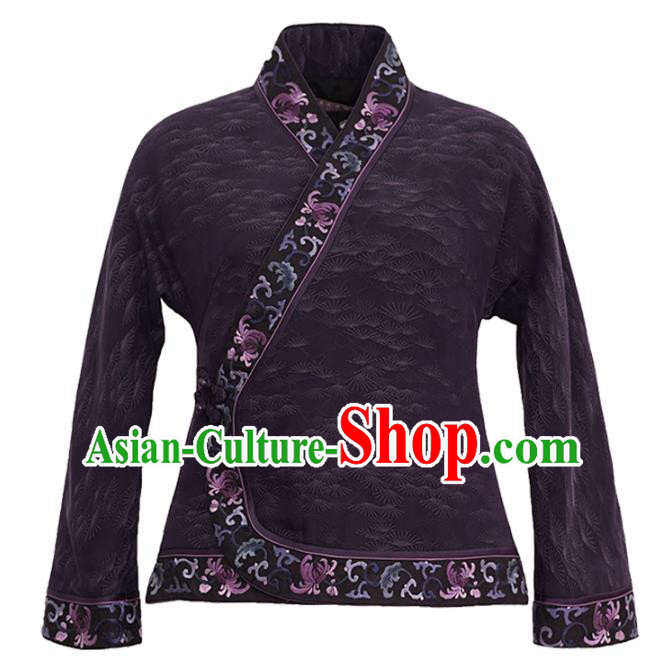 China Classical Embroidered Slant Opening Jacket National Purple Silk Short Coat