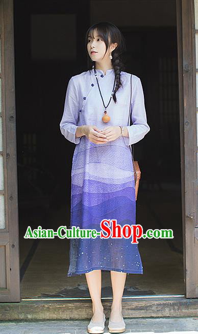China Classical Purple Ramie Cheongsam Costume Traditional Tang Suit Young Woman Qipao Dress