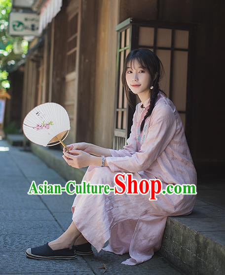 China Classical Cheongsam Costume Traditional Tang Suit Young Woman Embroidered Pink Flax Qipao Dress