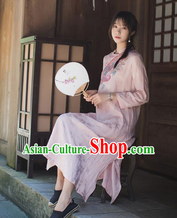 China Classical Cheongsam Costume Traditional Tang Suit Young Woman Embroidered Pink Flax Qipao Dress