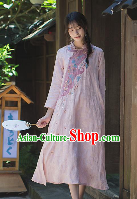 China Classical Cheongsam Costume Traditional Tang Suit Young Woman Embroidered Pink Flax Qipao Dress