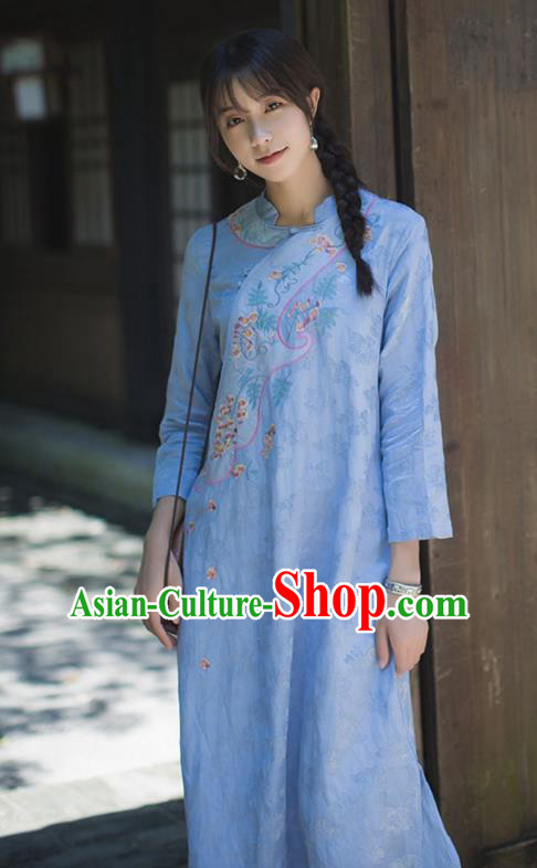 China Classical Blue Flax Cheongsam Costume Traditional Tang Suit Young Woman Embroidered Qipao Dress