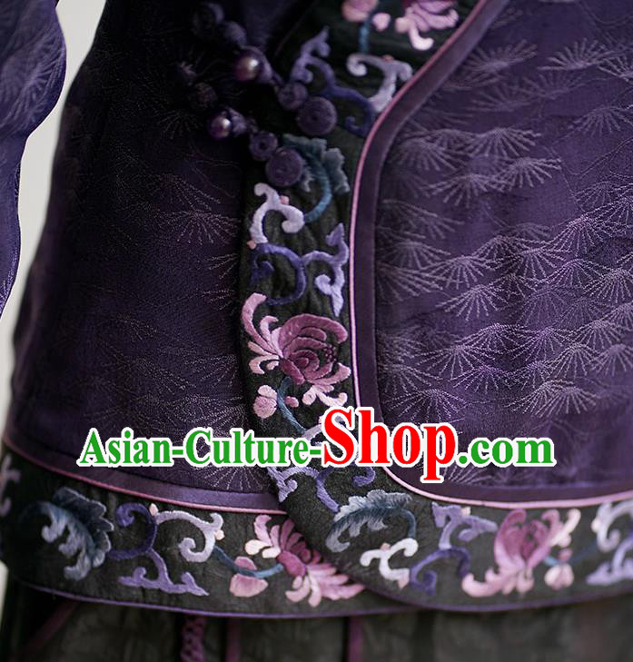 China Classical Embroidered Slant Opening Jacket National Purple Silk Short Coat