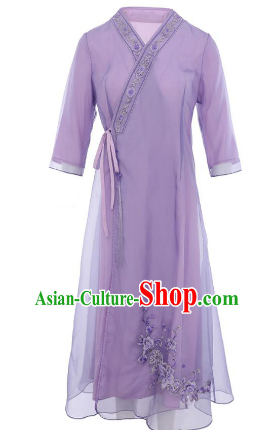 China Classical Young Woman Embroidered Cheongsam Costume Traditional Tang Suit Purple Organdy Qipao Dress