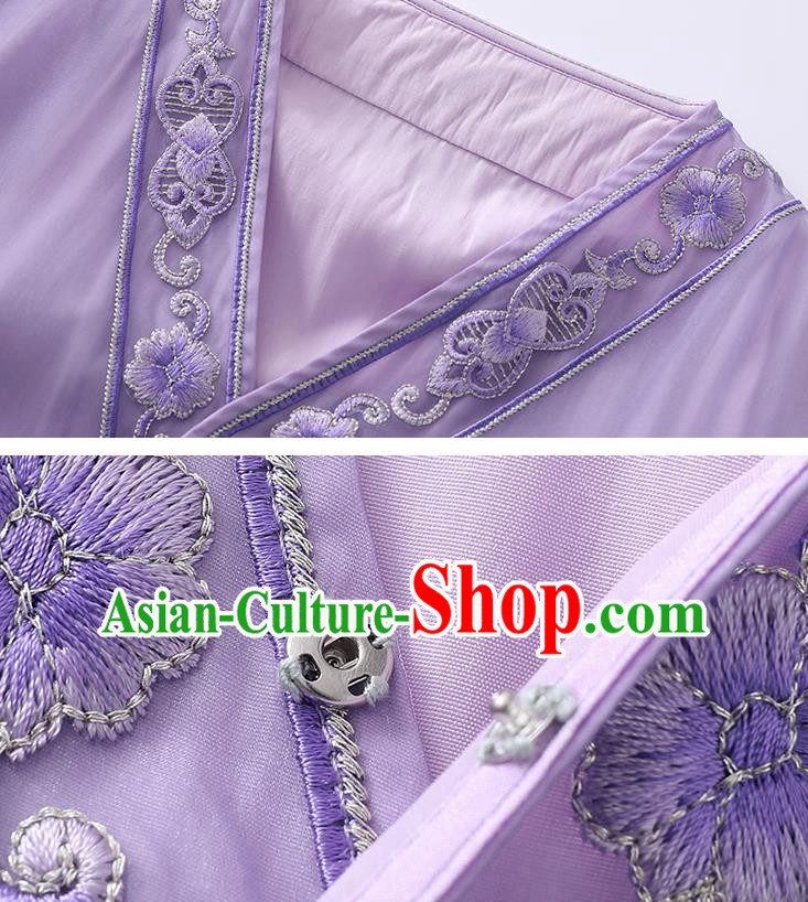 China Classical Young Woman Embroidered Cheongsam Costume Traditional Tang Suit Purple Organdy Qipao Dress