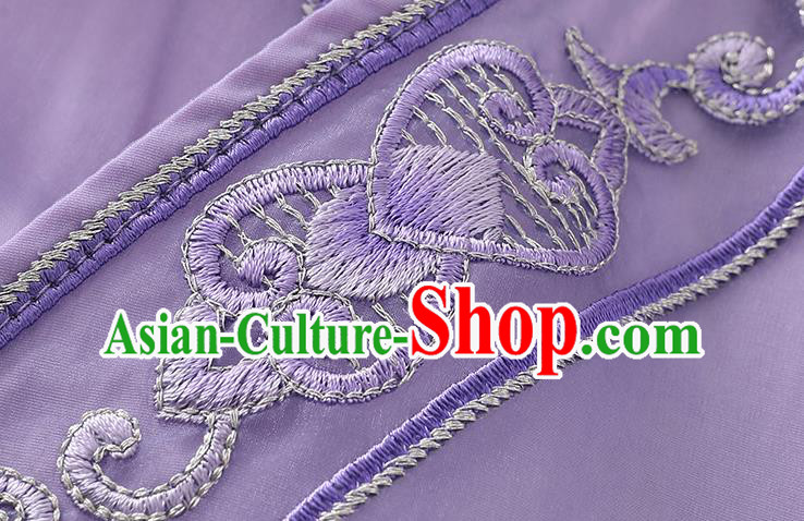 China Classical Young Woman Embroidered Cheongsam Costume Traditional Tang Suit Purple Organdy Qipao Dress