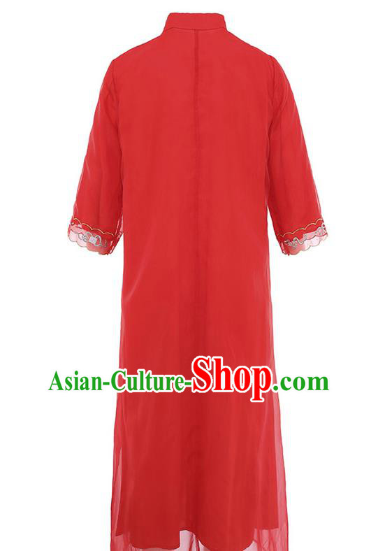 China Classical Embroidered Red Organdy Cheongsam Tang Suit Qipao Dress Traditional Young Woman Costume