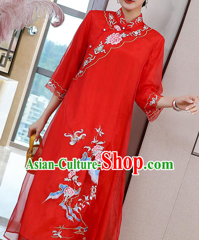 China Classical Embroidered Red Organdy Cheongsam Tang Suit Qipao Dress Traditional Young Woman Costume