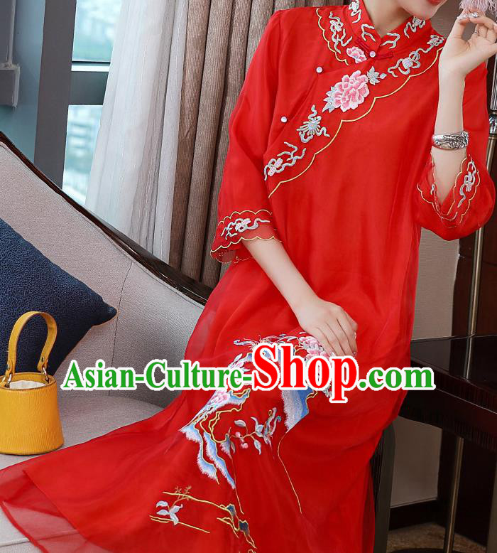 China Classical Embroidered Red Organdy Cheongsam Tang Suit Qipao Dress Traditional Young Woman Costume