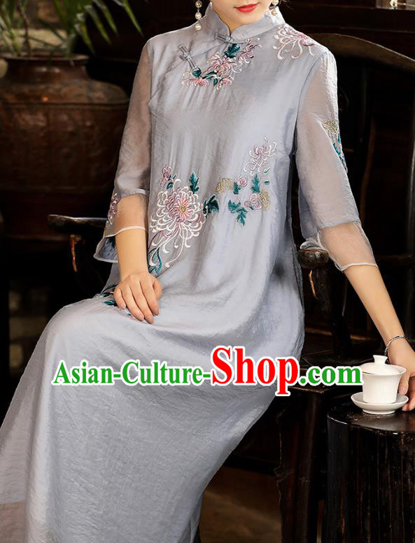 China Traditional Young Woman Costume Tang Suit Grey Tencel Qipao Dress Classical Embroidered Chrysanthemum Cheongsam