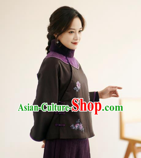 China Winter Women Embroidered Cotton Wadded Coat National Silk Slant Opening Jacket
