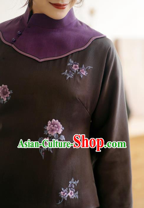 China Winter Women Embroidered Cotton Wadded Coat National Silk Slant Opening Jacket