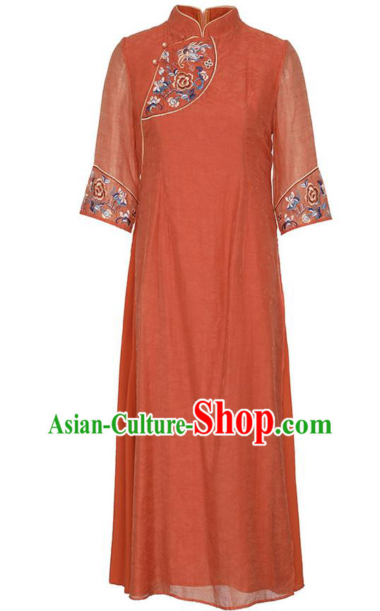 China Classical Embroidered Cheongsam Traditional National Zen Costume Tang Suit Jacinth Tencel Qipao Dress