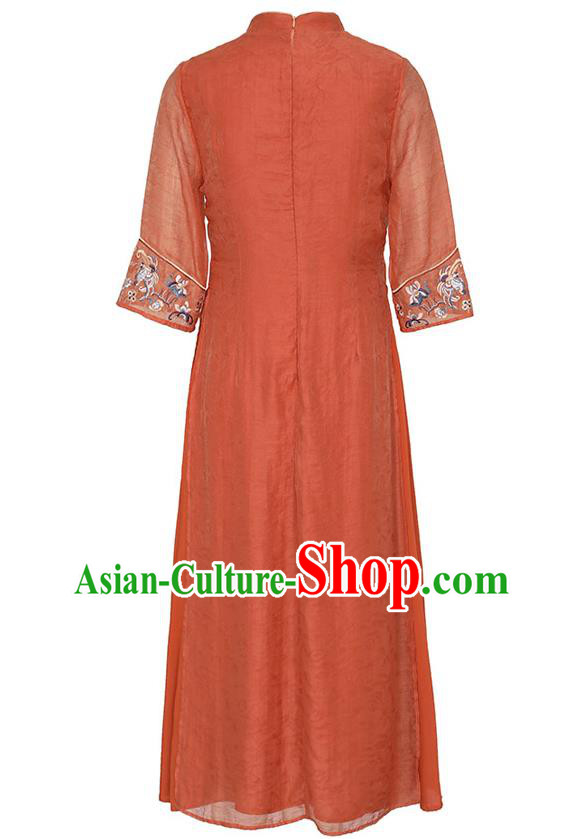 China Classical Embroidered Cheongsam Traditional National Zen Costume Tang Suit Jacinth Tencel Qipao Dress