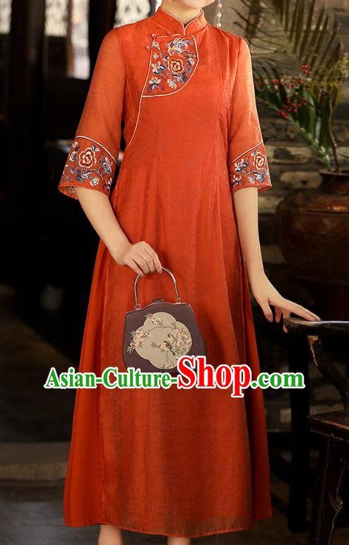 China Classical Embroidered Cheongsam Traditional National Zen Costume Tang Suit Jacinth Tencel Qipao Dress