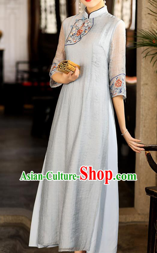 China Traditional National Zen Costume Tang Suit Blue Tencel Qipao Dress Classical Embroidered Cheongsam