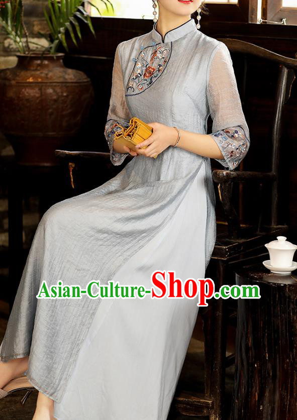 China Traditional National Zen Costume Tang Suit Blue Tencel Qipao Dress Classical Embroidered Cheongsam