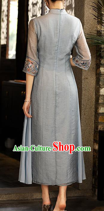 China Traditional National Zen Costume Tang Suit Blue Tencel Qipao Dress Classical Embroidered Cheongsam