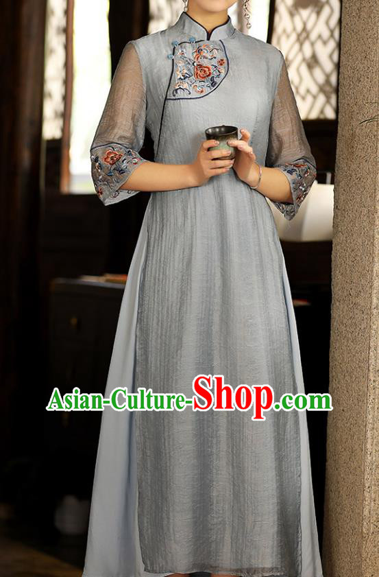 China Traditional National Zen Costume Tang Suit Blue Tencel Qipao Dress Classical Embroidered Cheongsam