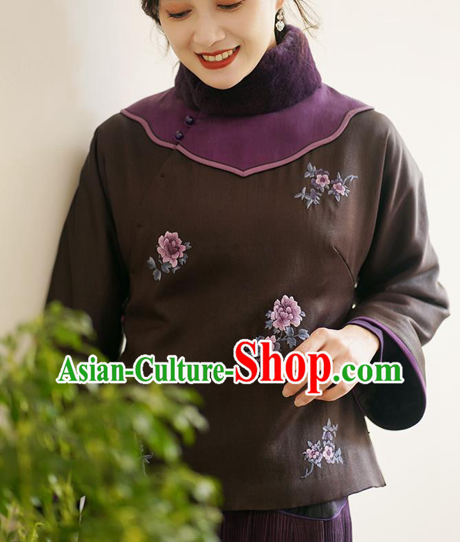 China Winter Women Embroidered Cotton Wadded Coat National Silk Slant Opening Jacket
