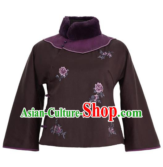 China Winter Women Embroidered Cotton Wadded Coat National Silk Slant Opening Jacket