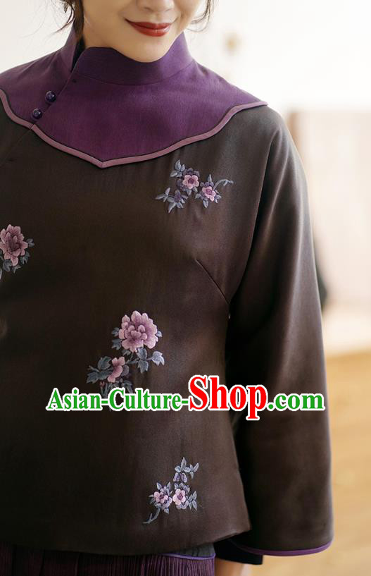 China Winter Women Embroidered Cotton Wadded Coat National Silk Slant Opening Jacket