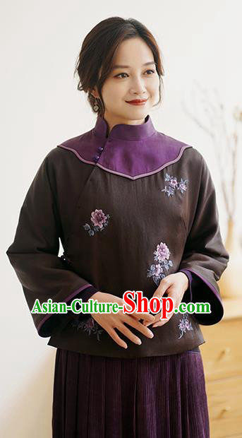 China Winter Women Embroidered Cotton Wadded Coat National Silk Slant Opening Jacket