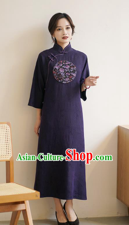 Top Purple Silk Long Cheongsam China Classical Embroidered Qipao Dress Clothing