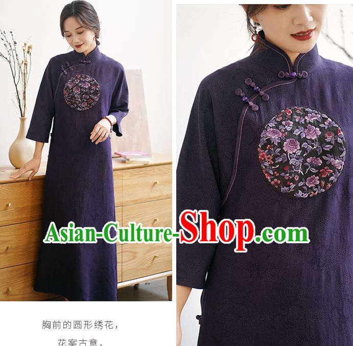 Top Purple Silk Long Cheongsam China Classical Embroidered Qipao Dress Clothing