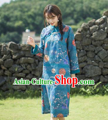China Classical Printing Blue Flax Cheongsam Traditional Tang Suit Young Lady Qipao Dress