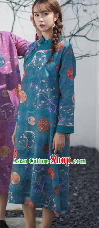 China Classical Printing Blue Flax Cheongsam Traditional Tang Suit Young Lady Qipao Dress