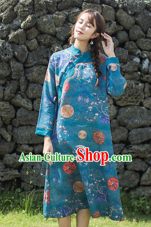 China Classical Printing Blue Flax Cheongsam Traditional Tang Suit Young Lady Qipao Dress