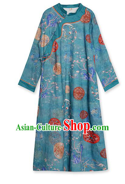 China Classical Printing Blue Flax Cheongsam Traditional Tang Suit Young Lady Qipao Dress