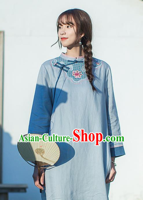 China Traditional Young Lady Light Blue Flax Qipao Dress Classical Embroidered Cheongsam