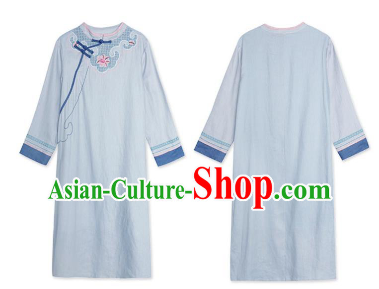 China Traditional Young Lady Light Blue Flax Qipao Dress Classical Embroidered Cheongsam