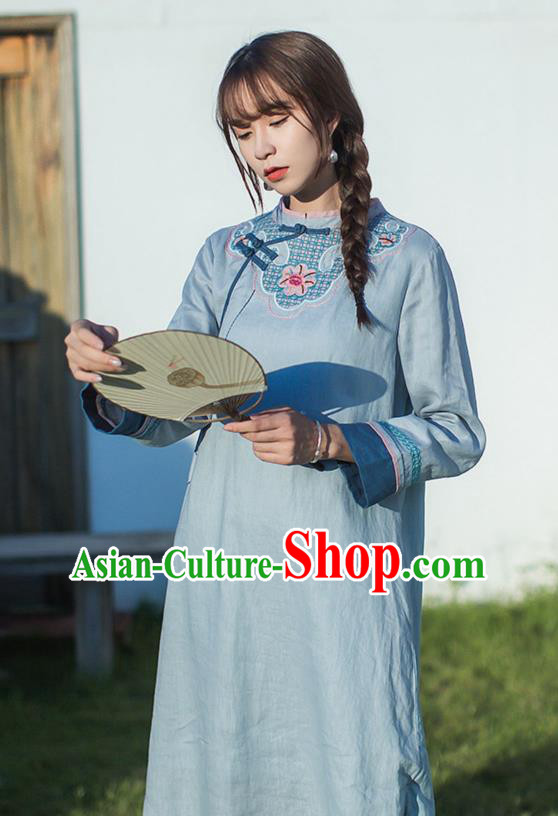 China Traditional Young Lady Light Blue Flax Qipao Dress Classical Embroidered Cheongsam