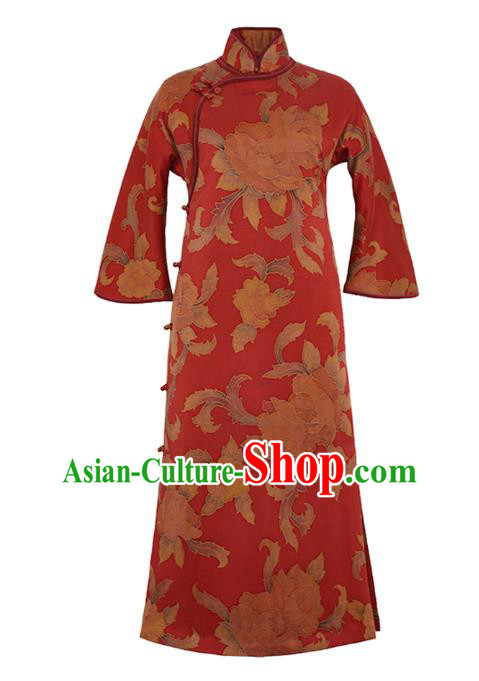 China Qipao Dress Female Red Gambiered Guangdong Gauze Long Cheongsam