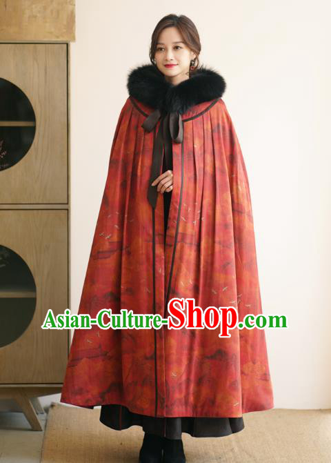China National Red Gambiered Guangdong Gauze Cape Winter Women Clothing Li Ziqi Silk Cloak