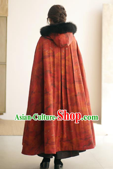 China National Red Gambiered Guangdong Gauze Cape Winter Women Clothing Li Ziqi Silk Cloak