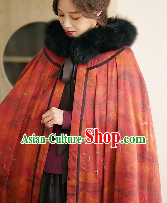 China National Red Gambiered Guangdong Gauze Cape Winter Women Clothing Li Ziqi Silk Cloak