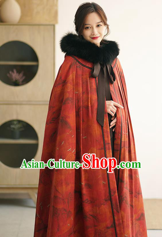 China National Red Gambiered Guangdong Gauze Cape Winter Women Clothing Li Ziqi Silk Cloak