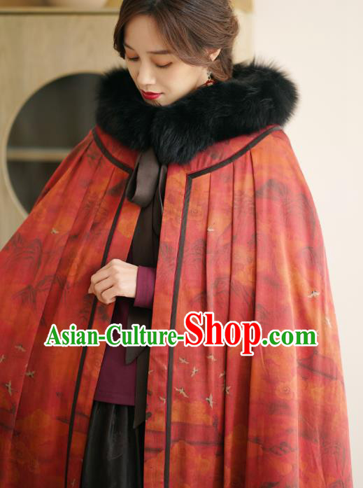 China National Red Gambiered Guangdong Gauze Cape Winter Women Clothing Li Ziqi Silk Cloak